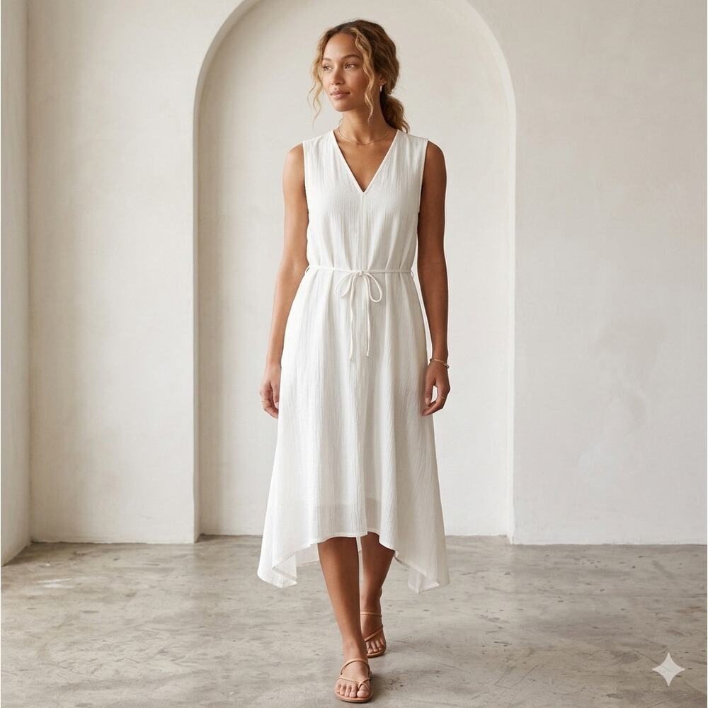 VINCE White Sleeveless Midi Dress Size L Drawstring Waist Minimalist Resort L